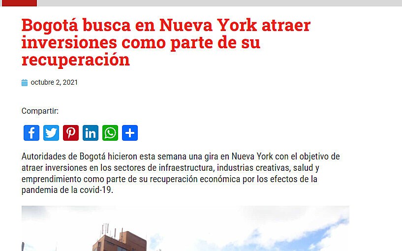 Bogot busca en Nueva York atraer inversiones como parte de su recuperacin